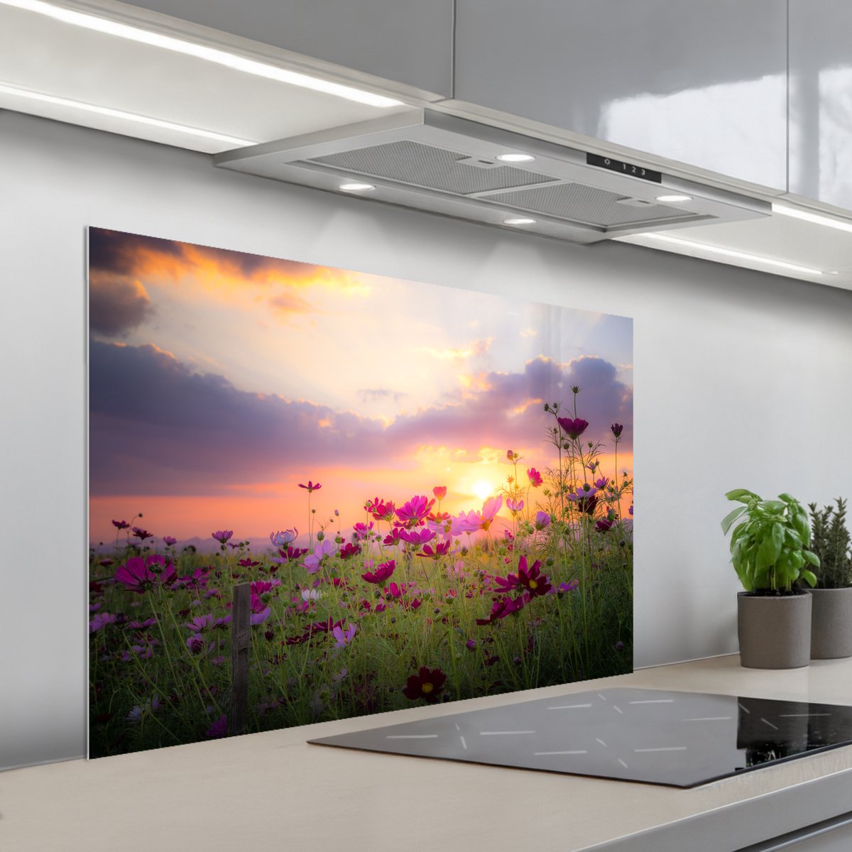 KitchenYeah Spatscherm 100x65 cm Zelfklevende achterwand Bloemen Roze Zonsondergang Natuur Weide Horizon Keuken muurbeschermer Spatwand fornuis