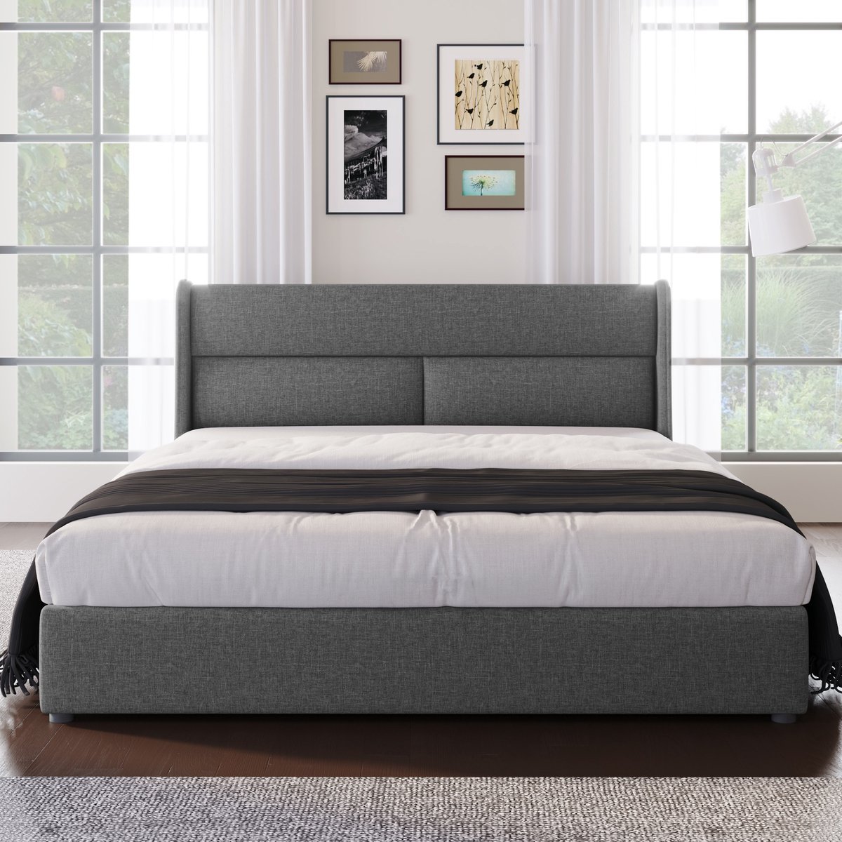 Merax Gestofferd bed 180x200 cm met verstelbare hoofdbord - met opbergruimte - grijs - zonder matras