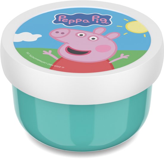 Boîte à goûter turquoise avec couvercle à motif Peppa Pig. Soleil et nuages sur le couvercle.