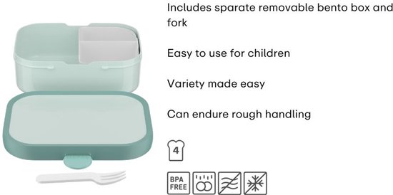 Boîte à lunch vert d'eau avec compartiment bento amovible et fourchette. Sans BPA.
