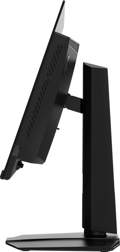 Zijprofiel van een zwarte MSI gaming monitor met verstelbare standaard.