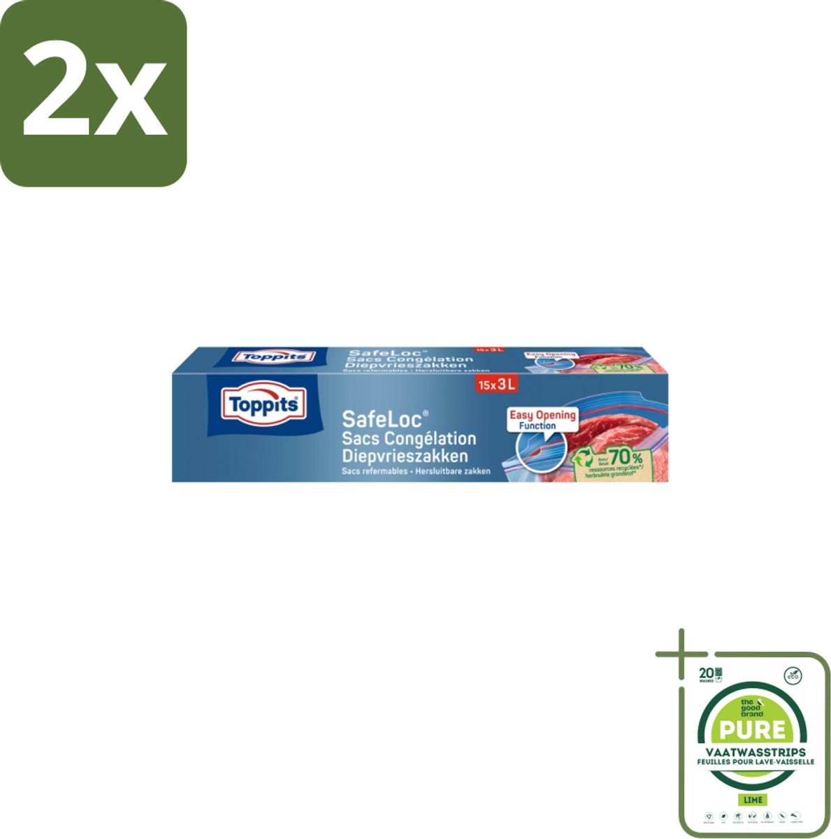 Toppits – Safeloc Zip-Diepvrieszakken – 3 Liter – 15 Zakjes - Voordeelverpakking - 2 stuks - Diepvrieszakken - Dubbele sluiting