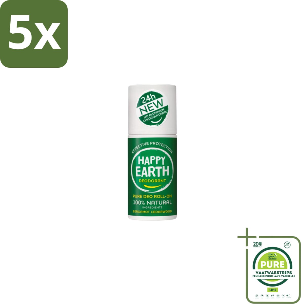 5 x Happy Earth – Deodorant Roll-On – 100% Natuurlijk Bergamot Cedarwood – 75 ml - Grootverpakking - Bergamot - Cederhout - Natuurlijke Deodorant - Roll-on Deodorant - 24 Uur Bescherming