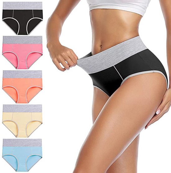 Cinq culottes pour femmes en noir, rose pâle, orange, jaune et bleu clair. Elles ont une taille haute avec une ceinture grise et des passepoils blancs.