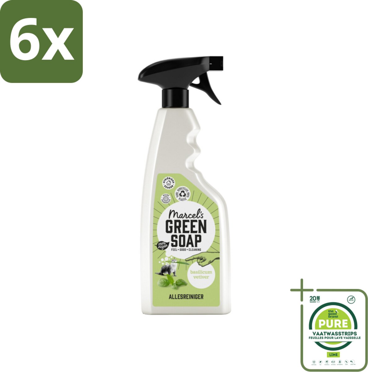 Marcel's Green Soap - Allesreiniger Spray - Basilicum & Vetiver gras - Natuurlijk & effectief - 500 ml - Voordeelverpakking - 6 stuks - Allesreiniger - Schoonmaakspray