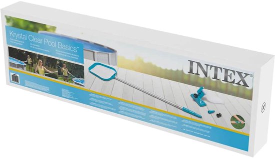 Verpakking van de Intex Krystal Clear Pool Basics met afbeeldingen van een zwembad en accessoires.