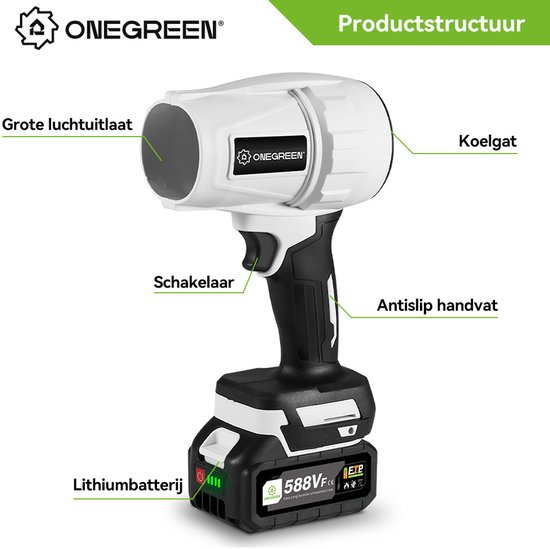 ONEGREEN Accu Bladblazer - 160 m/s Accuventilator - met 2 x Accu's - blaaskracht 1,2 kg - Borstelloze Motor - Draagbare Turbo Geblazen Lucht - voor camping, tuin, gazononderhoud en werkplaats van OneGreen — afbeelding 2