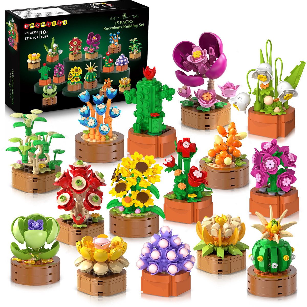 CUBIMANA Botanische Bouwpakket - 15 Planten & Bloemen - 1314 Mini Stenen 3.6mm - Vetplanten Decoratie - Creatief Bouwspeelgoed voor Volwassenen en Kinderen 10+