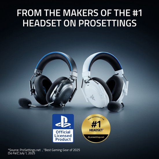 Zwarte en witte gaming headsets naast elkaar; PS logo en 'Nr. 1 Headset'.