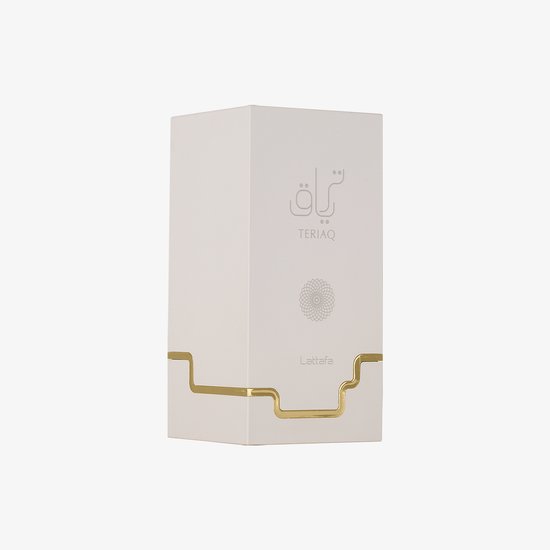 Witte parfumdoos met gouden versieringen, Lattafa logo en de tekst TERIAQ.