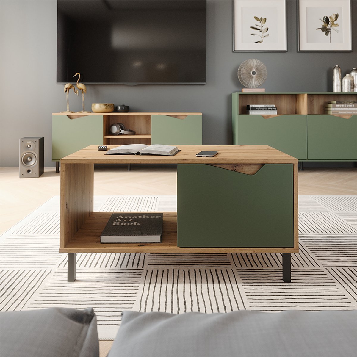 Vicco Marelle Salontafel – 90 x 50 cm met 1 deur Groen/Kunstzinnig Groen/Artisanaal eiken