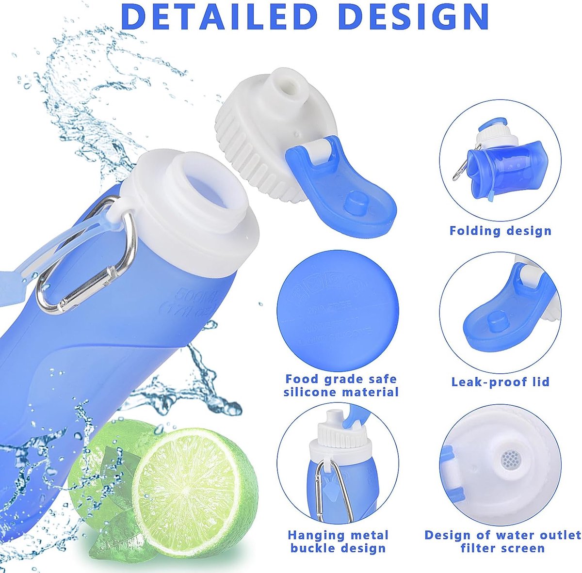 Soft Flask - 500 ml - Opvouwbare Waterfles - met karabijnhaak - Waterfles - Drinkfles - BPA-vrij - Siliconen - Lekvrij - Voor hydratatie pack fietsen marathon lopen wandelen klimmen - Blauw — cadeau in Sport & Outdoor - foto 7