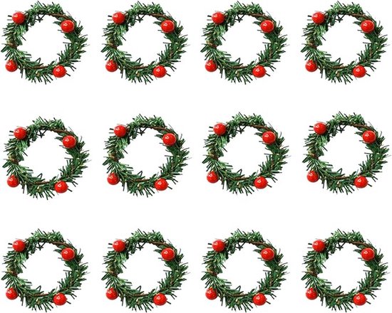 Set de 12 mini couronnes de Noël pour bougies – Ronds de serviette de 4 cm avec baies rouges, couronnes artificielles pour bougeoir, décoration rustique pour mariage et Noël