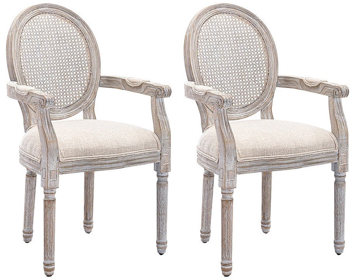 Vente-unique Set van 2 stoelen met armleuningen - Riet, stof en heveahout - Beige - ANTOINETTE