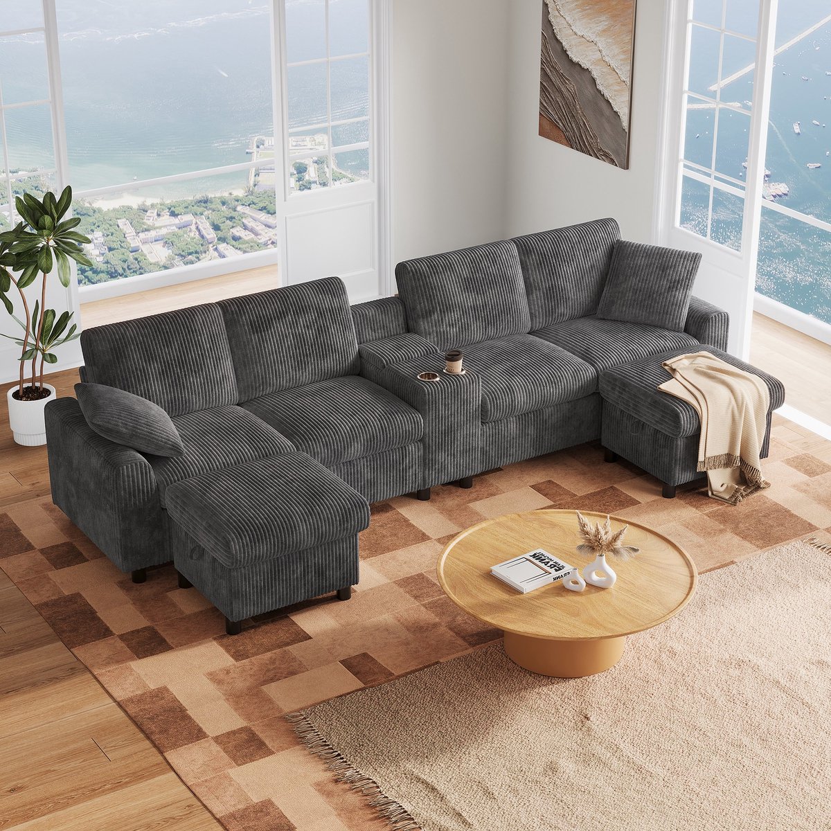 PHOEBE CAT U-vormige bank - Corduroy - 2 voetenbank - 2 bekerhouders - USB/Type-C - Grijs