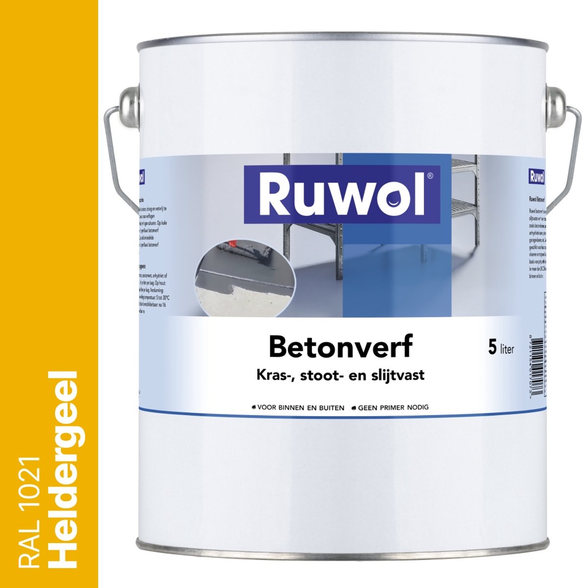 Ruwol Betonverf Heldergeel (RAL 1021) 5 liter - Voor binnen en buiten - Alle kleuren - Kras-, stoot- en slijtvaste verf voor beton en steen - Betonverf voor buiten