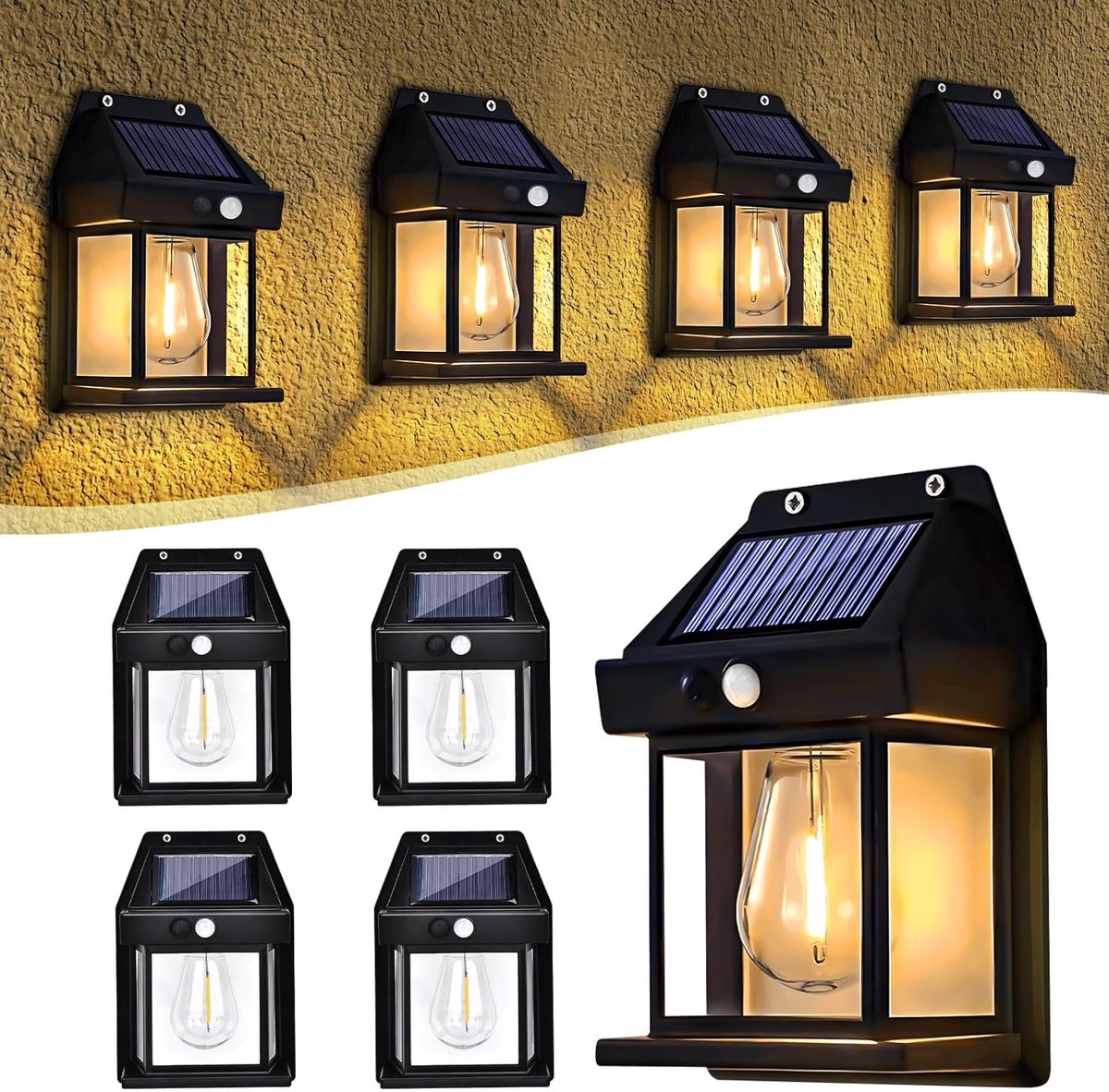 Zonne-wandlampen met Bewegingssensor – Set van 4, 3 Standen, IP65, Voor Buiten (Tuin/Balko