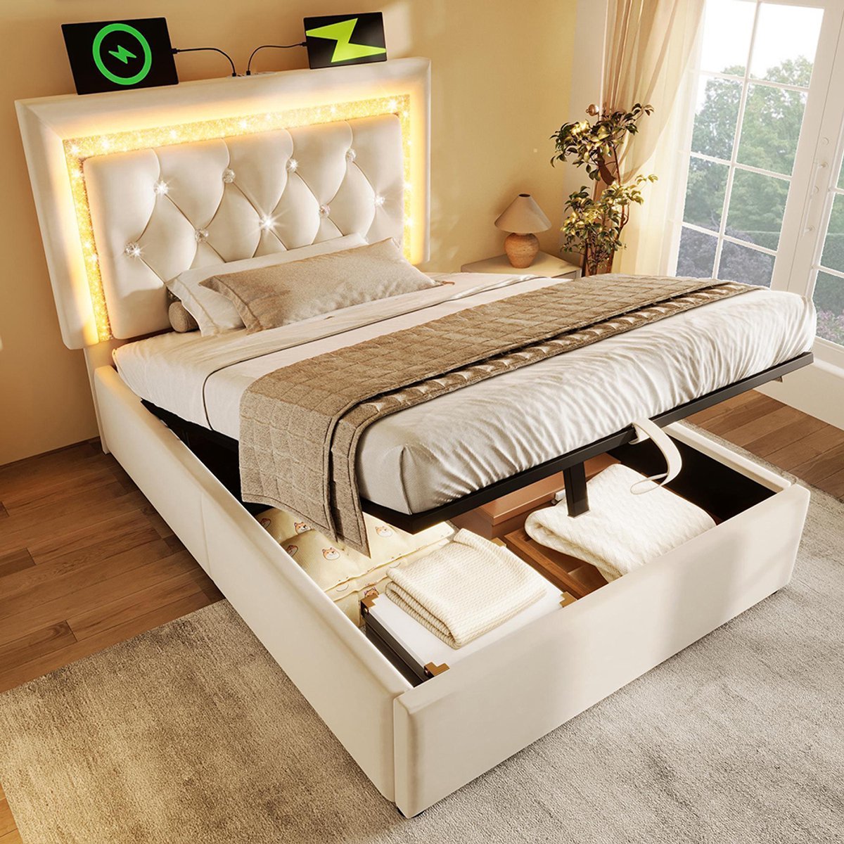 KOMHTOM BLACKCOLORS Gestoffeerd bed 90 x 200 cm Eenpersoonsbed van fluweel met diamantvormige ledstrip in het hoofdeinde, USB- en Type-C-oplaadstation, hydraulische opbergruimte, modern bed voor tieners met lattenbodem, beige (zonder matras)
