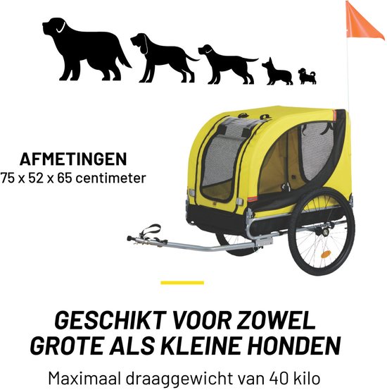 Dunlop Hondenfietskar - Fietskar Hond - Fietsaanhanger voor Honden tot max. 40 KG - Hondenkar Opvouwbaar - Hondenkar met Reflectoren en Verstelbare Regenhoes - Geel van Dunlop — afbeelding 2