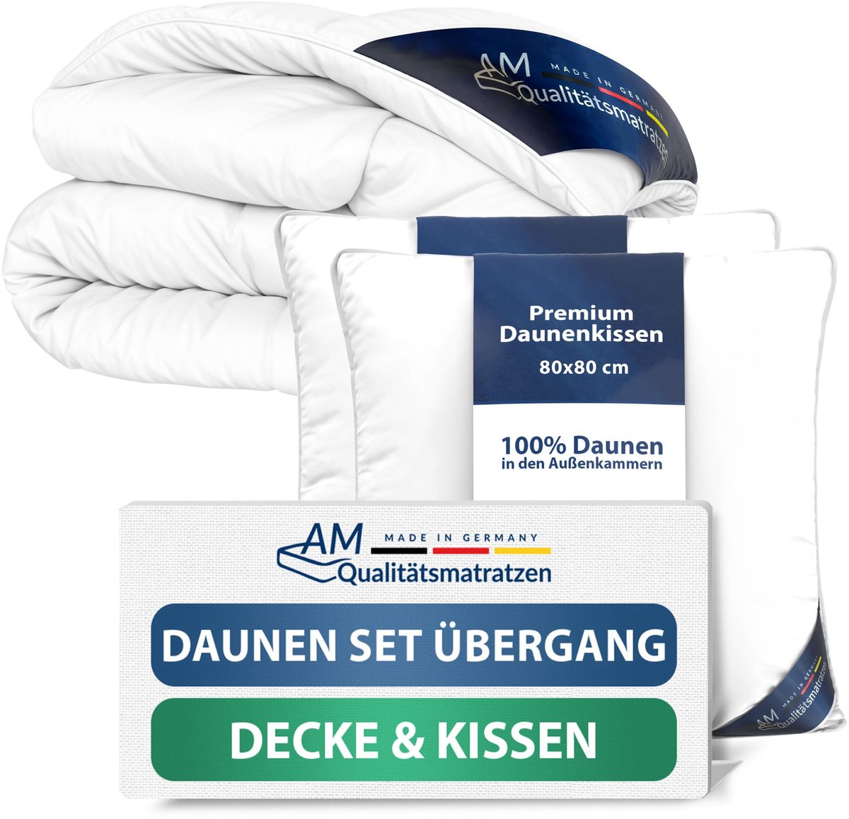 AM Qualitätsmatratzen Premium Donzen All-Season Dekbed 200x200 Set met Kussen 80x80 - Made in Germany & OEKO-TEX gecertificeerd & Allergievriendelijk Dekbed en Kussenset 200x200 met Donzen Vulling