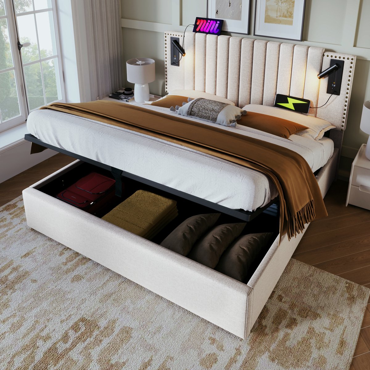 STILVORA Gestoffeerd bed 140x200cm – Tweepersoonsbed met verstelbaar hoofdeinde & opbergruimte met gaslift – Katoen/linnen – Beige – Zonder matras