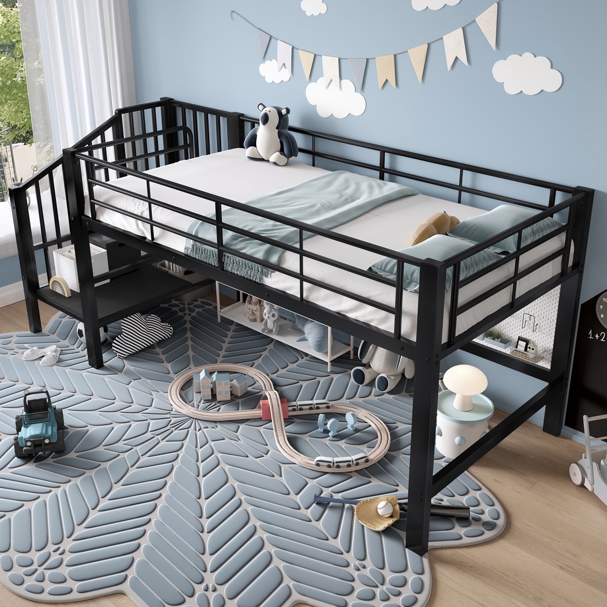 STILVORA Halfhoogslaper 90x200 cm – Kinderbed Met Opbergtrede & 24 Lattenroosters – Lage Instap 79,5 cm – MDF/Metaal – Zonder matras – Zwart