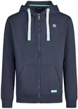 Donkergrijs regular fit sweater met capuchon, ritssluiting, witte veters en turquoise logo.