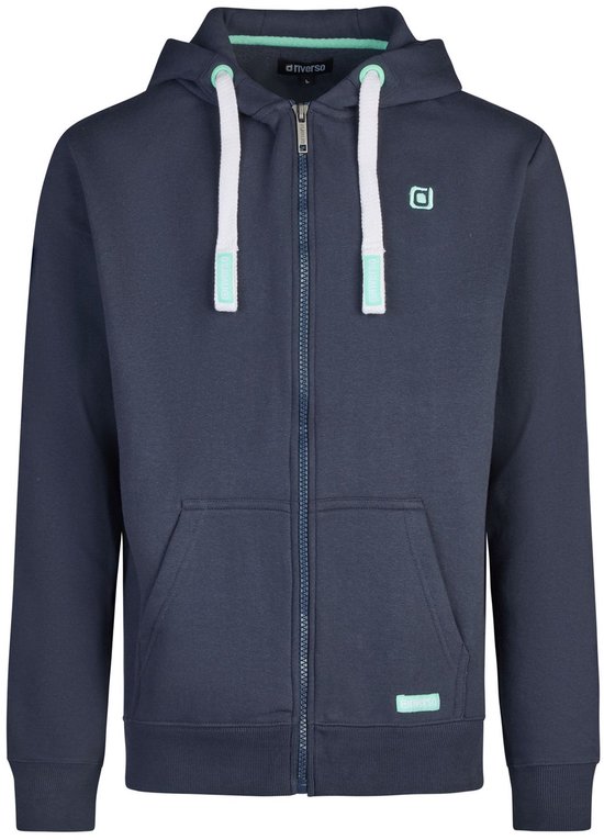 Donkergrijs regular fit sweater met capuchon, ritssluiting, witte veters en turquoise logo.