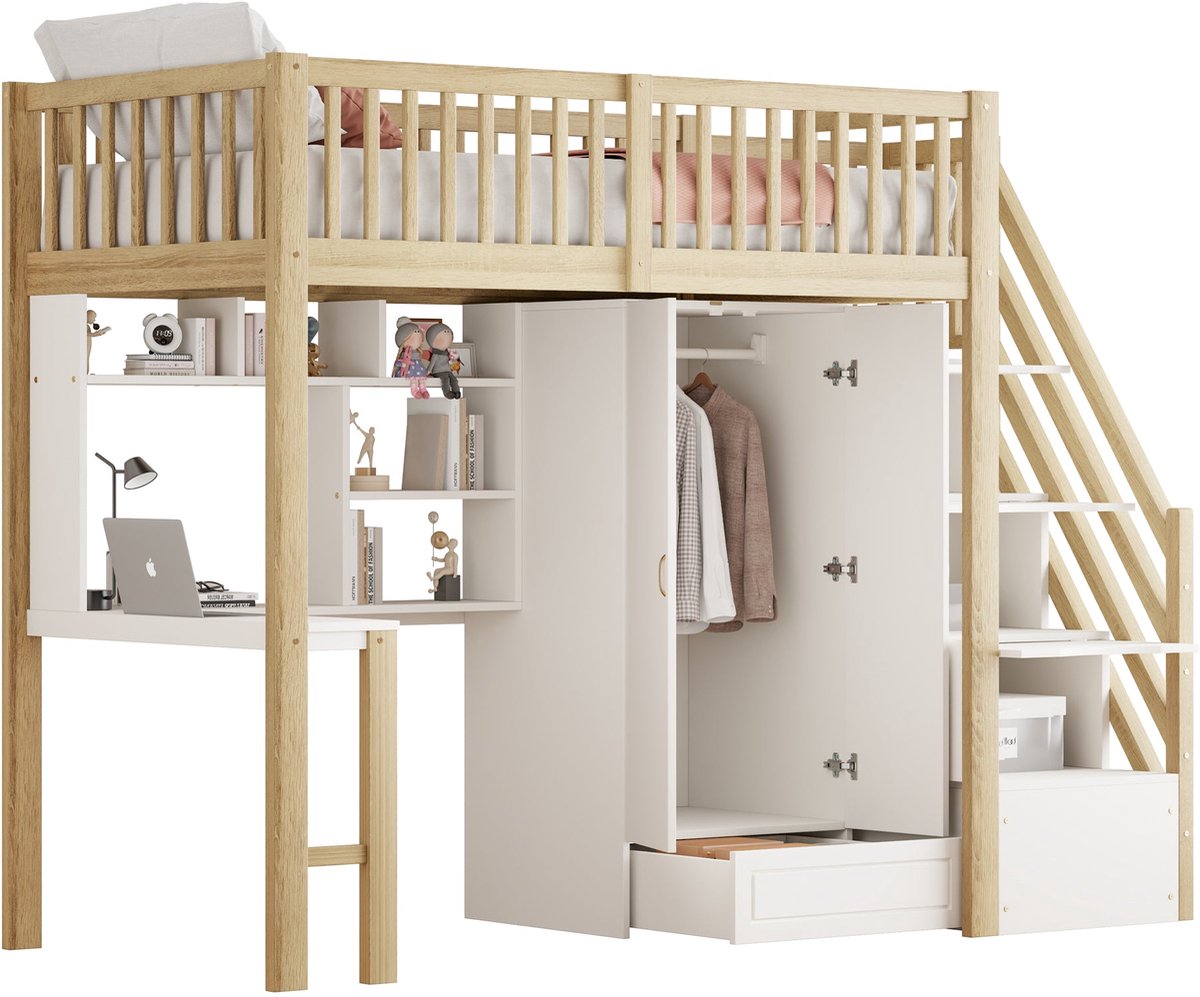 Merax Hoogslaper 90x200 cm - Met opbergtrap met lades - Met grote kledingkast - Met bureau en opbergplank - Houten lattenbodem - Massief hout - Wit - Zonder matras