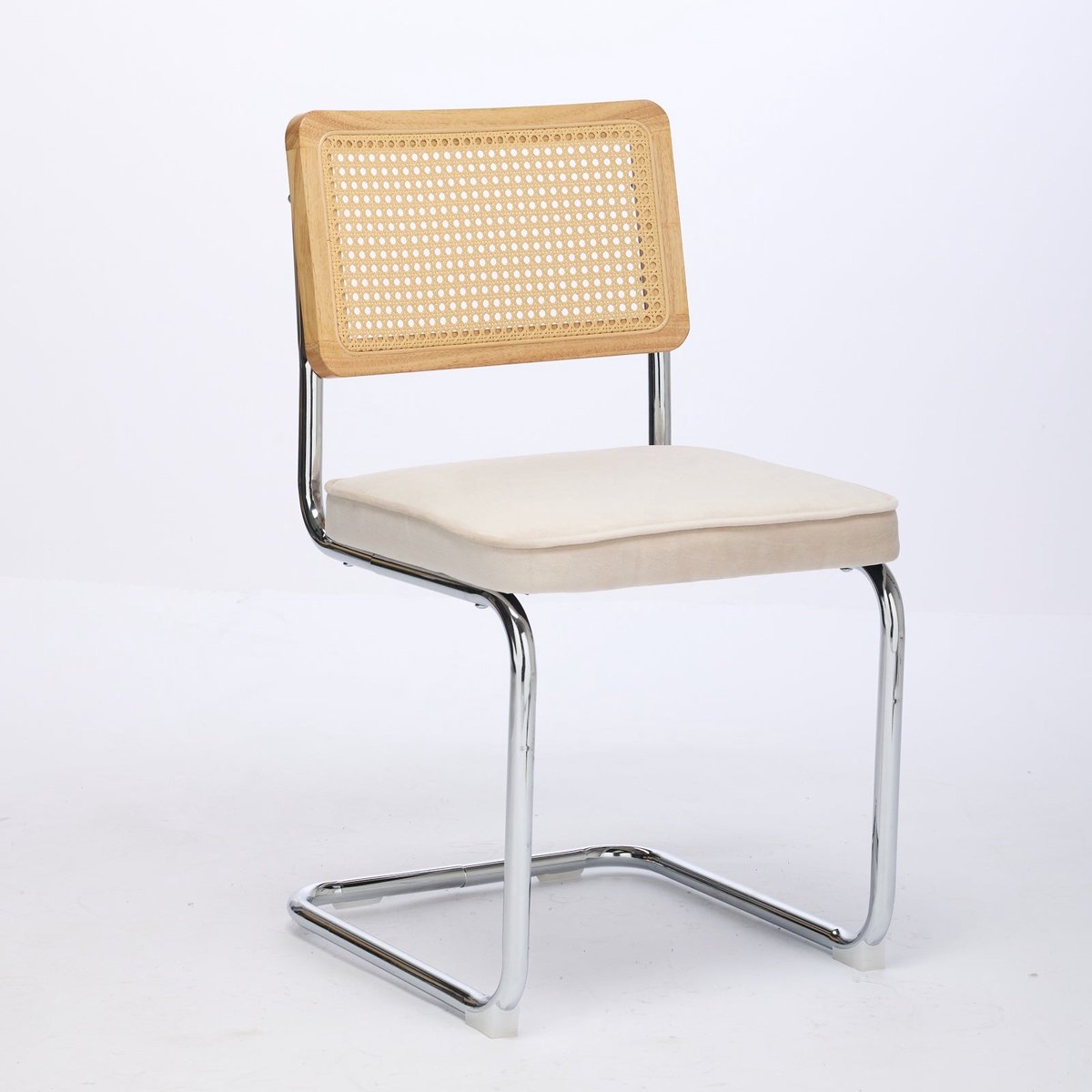 Merax Eetkamerstoelen Set van 2 – Retro Cantilever Stoelen – Velours Zitting – Rotan Rugleuning – Chroom Frame – Mid Century Modern Breuer Stoelen – Beige