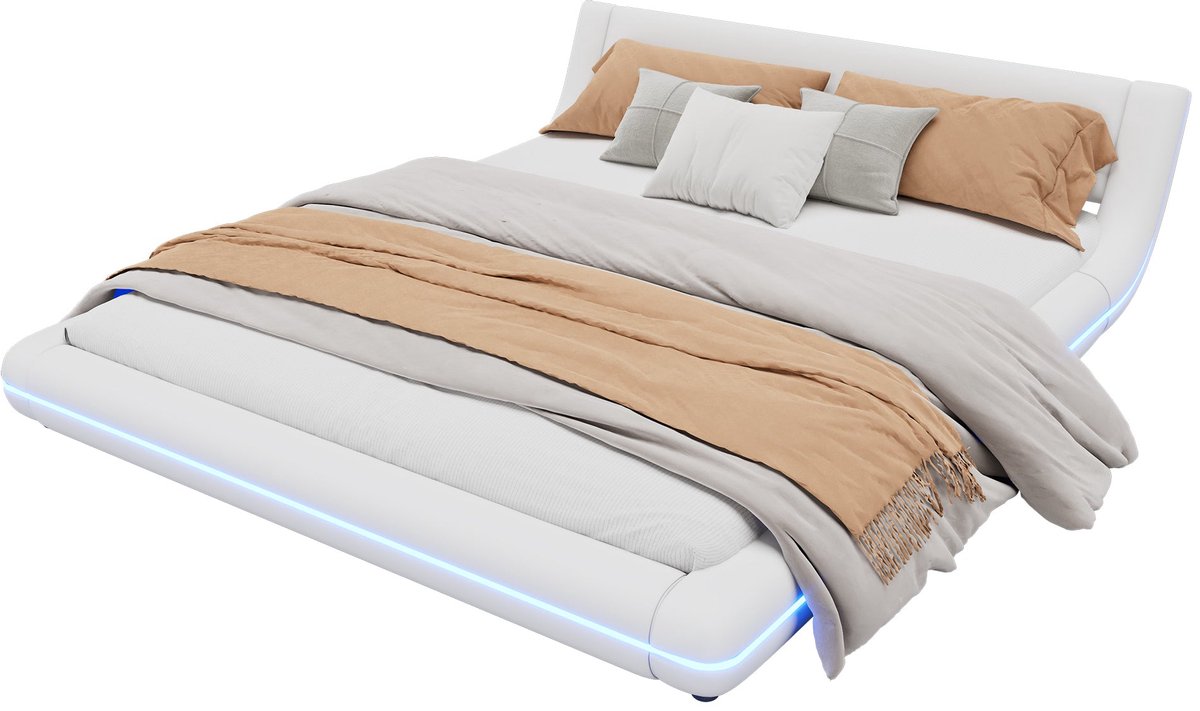 Merax Bed 160x200 cm - Wit Kunstleer - LED verlichting met afstandsbediening - Houten lattenbodem - Stabiel frame van MDF - Modern tweepersoonsbed - Zonder matras