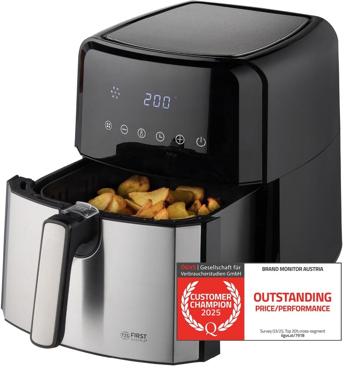 Airfryer 5L met Digitale Timer en 8 Programma's | Roestvrijstalen Mand | Gezond Frituren tot 200°C