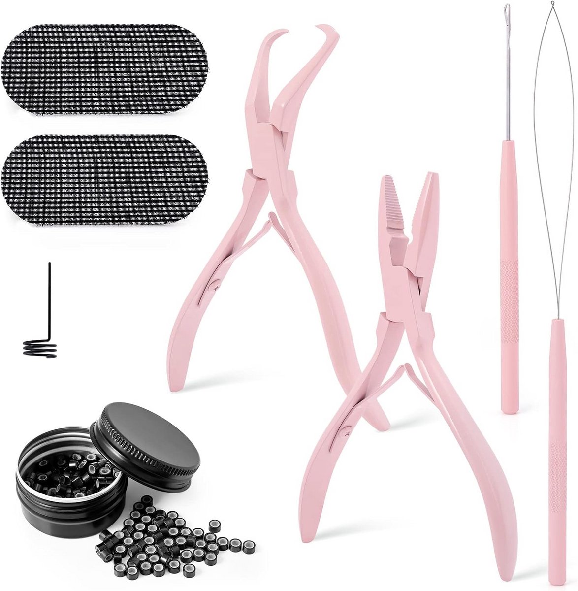 Haarverlengingsset met Microring Extensions en Tangen - 200 Zwarte Siliconen Ringen