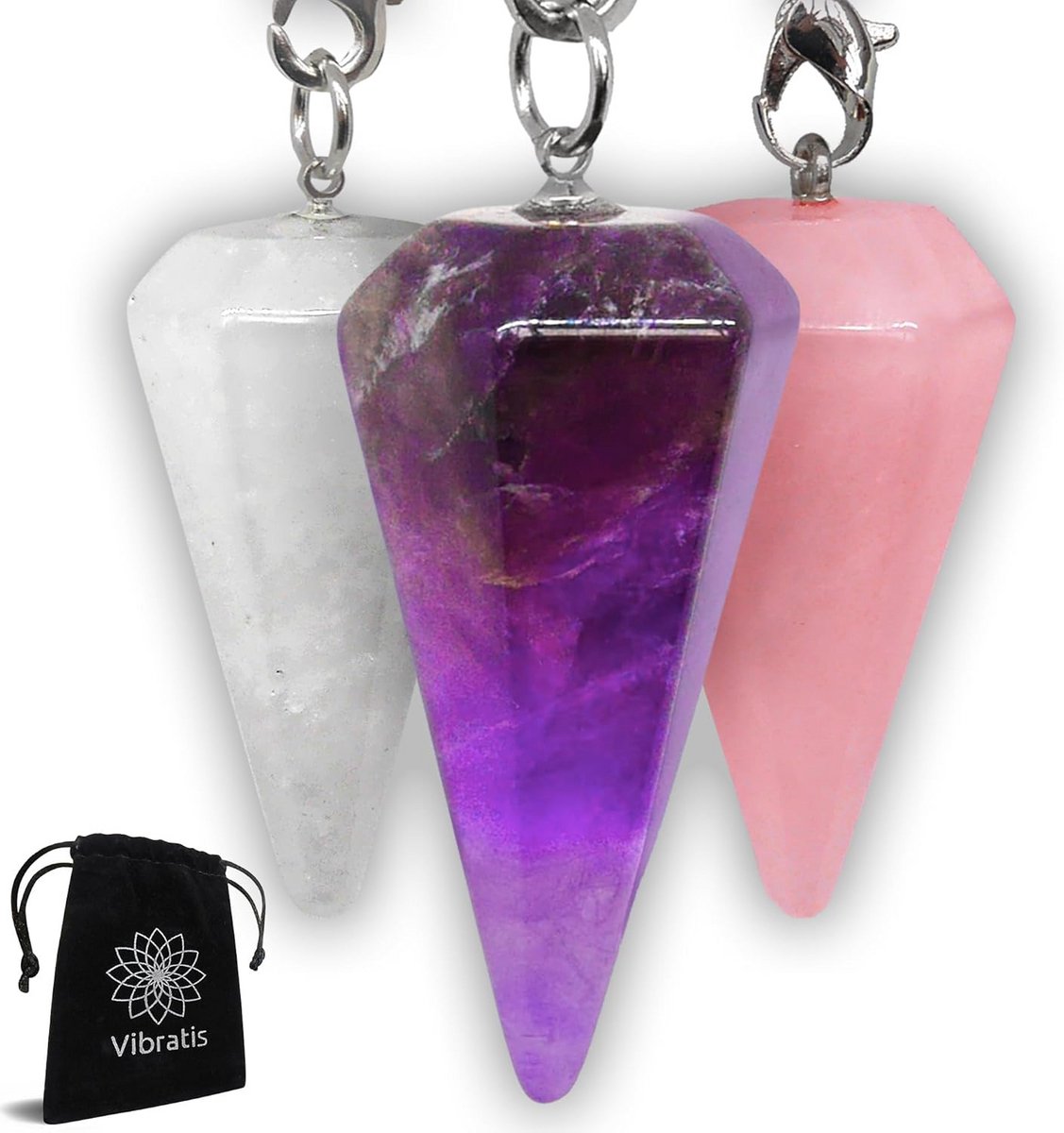 Set van 3 Waarzeggerij Pendels - Amethist, Bergkristal & Rozenkwarts voor Spirituele Prakt