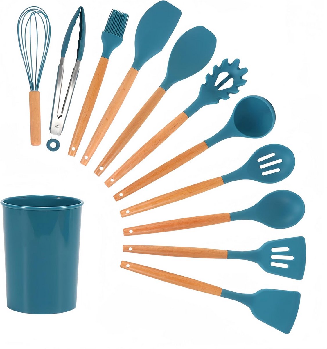 12-delige keukengerei set met silicone en houten handgrepen