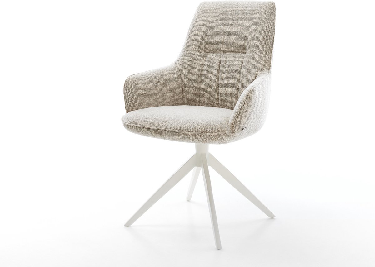 Eetkamerstoel Zelia-Flex met armleuning kruisframe breed wit geweven stof beige 360° draaibaar rocker-functie pocketveer kern