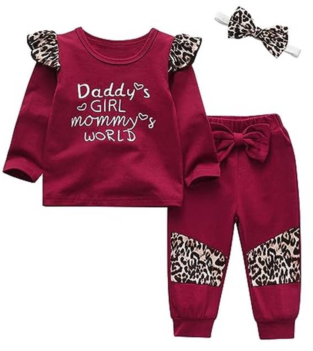 3-delige baby meisjes kleding set - lange mouwen top, casual broek en hoofdband - rood voor 6-9 maanden