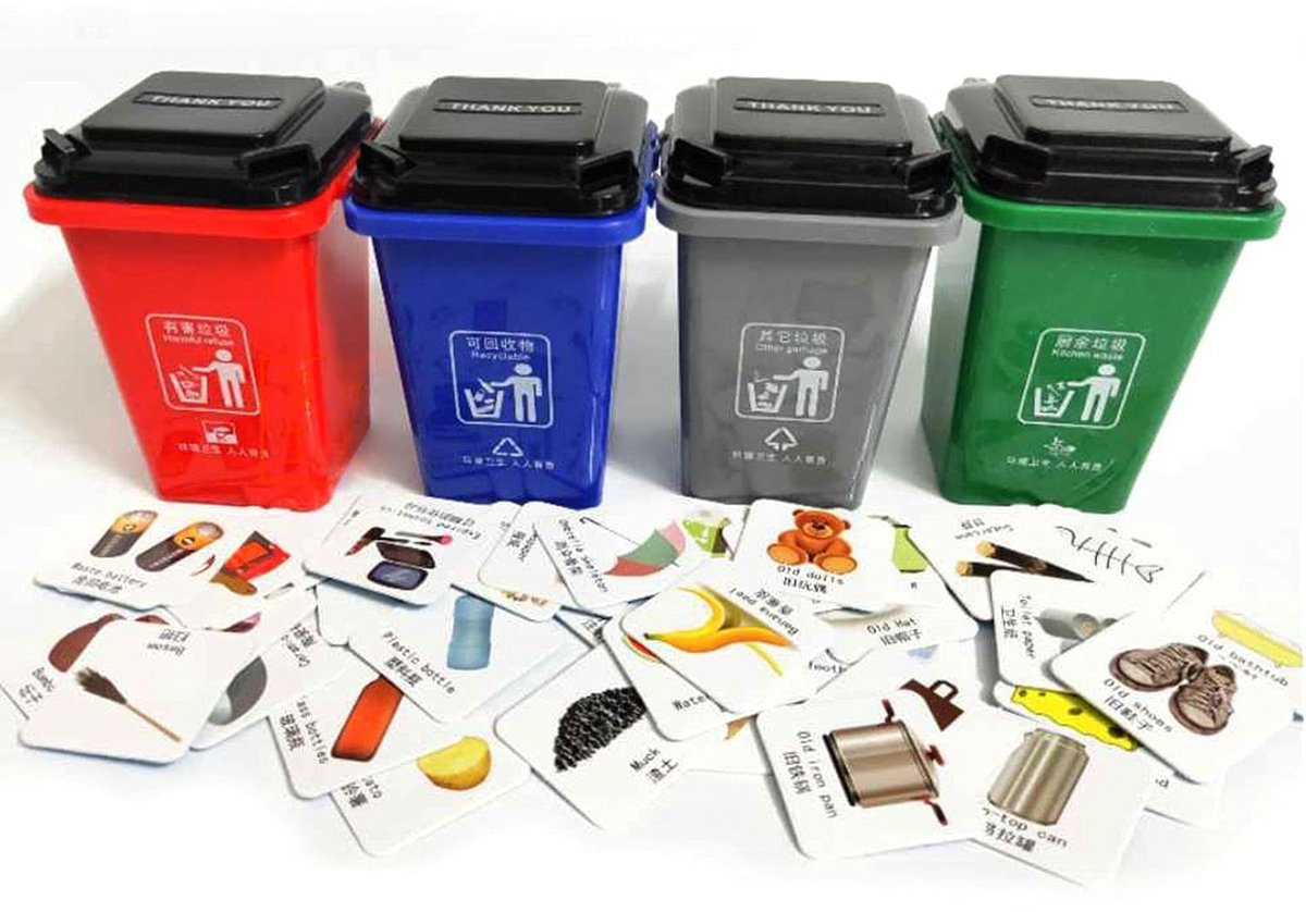Mini Vuilnisbak met Flip Deksel - Speelgoed voor Kinderen met Stickers - Set van 4