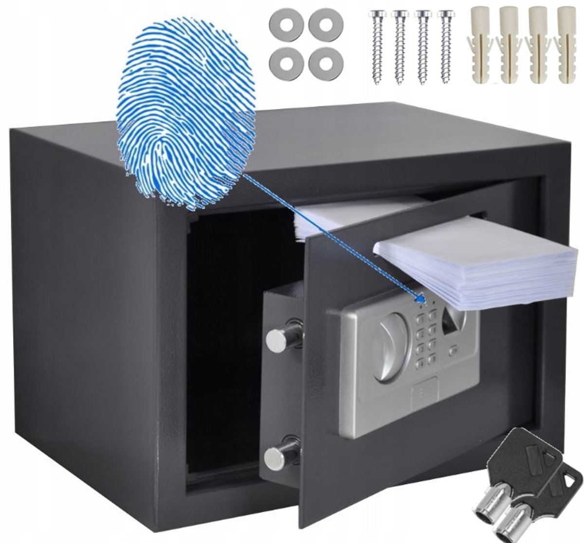Biometrische Geldladekluis met Vingerafdruk en Code - 35x25x25 cm