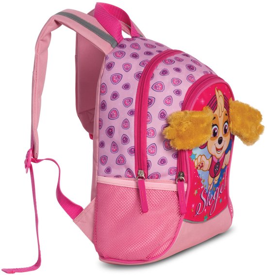 Sac à dos rose avec Skye, "Skye !" en lettres scintillantes et oreilles jaunes.