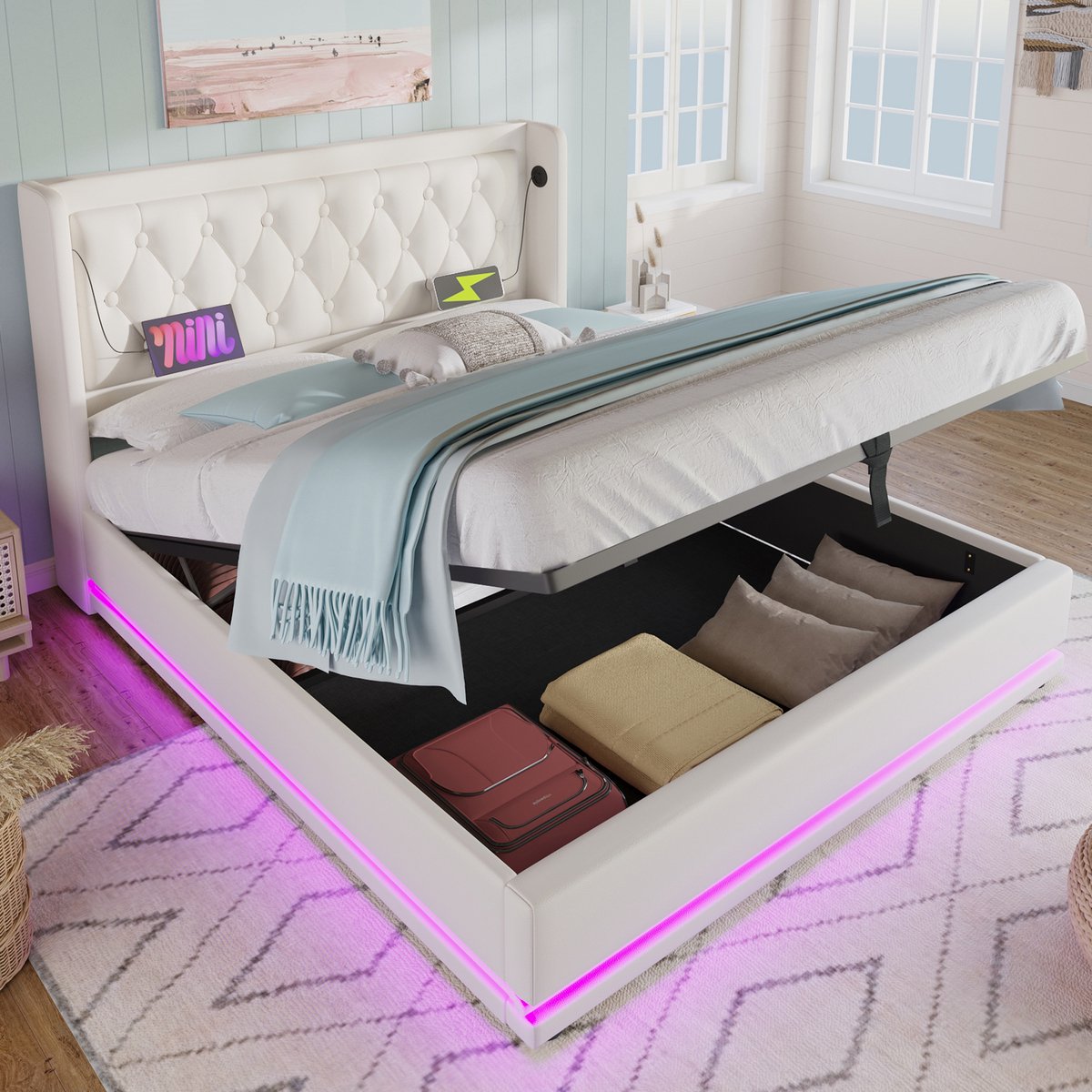 STILVORA Gestoffeerd Bed Tweepersoonsbedden 180x200 cm - Opbergbed Met Hydraulische Ladefunctie - LED Tweepersoonsbed Met USB Type C - PU - Wit