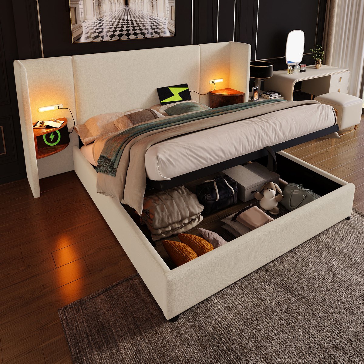 STILVORA Gestoffeerd Bed - 160x200 cm - Hydraulisch Opbergbed met Nachtkast & Oplaadfunctie - Voor Moderne Slaapkamers - Linnen - Beige