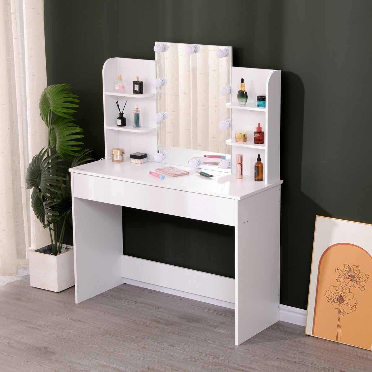 WOLTU Make Uptafel Met Dimbare Lampen, Kaptafel 5 Laden Van Massief Hout Flexibele Montage 100 X 40 125 Cm Moderne Kaptafel Wit Zwart Mb6109ws 658281545