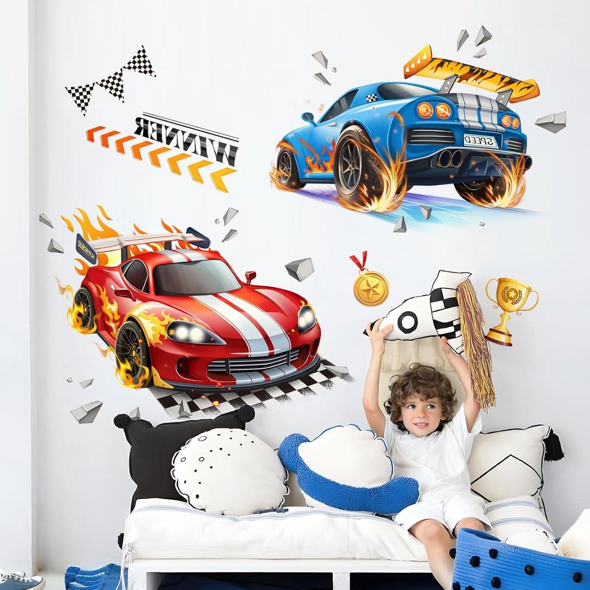 CSGoods - Grote 3D-muurstickers met raceauto's en voertuigen voor jongenskamer - vinyl wanddecoratie met trofeeën