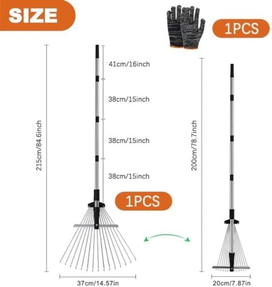 Adjustable Leaf Rake - 215 cm Fan Broom - Metal Leaf Rake with Gloves - Garden Rake for Cleaning Lawn and Yard van Merkloos	 — afbeelding 3
