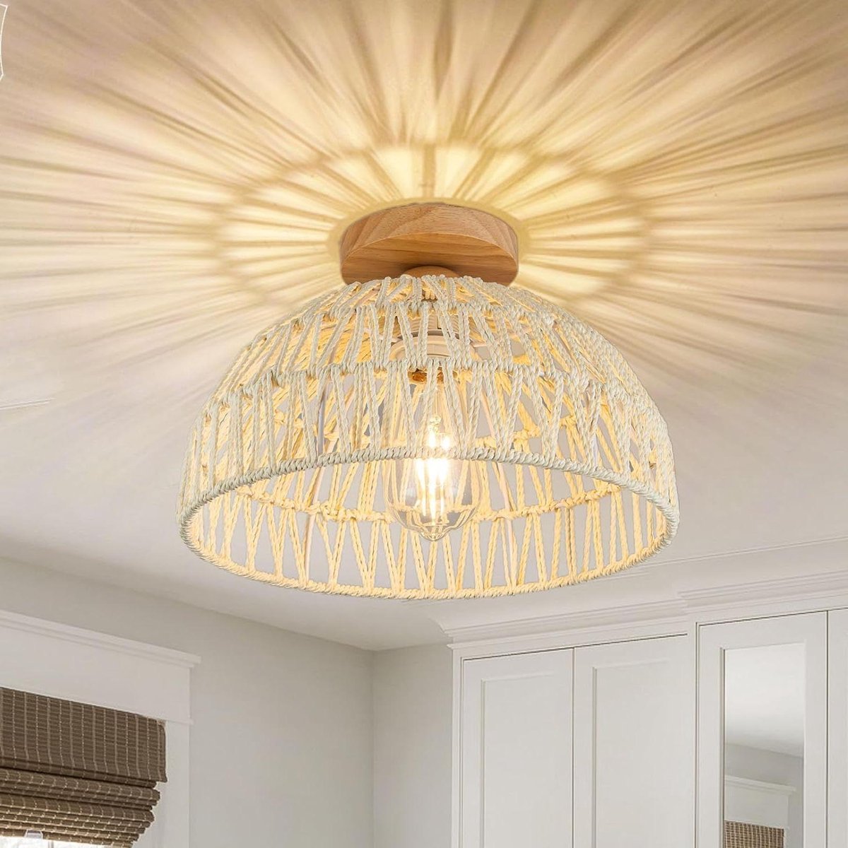CSGoods - Rotan plafondlamp met E27 fitting en landelijke vintage stijl voor slaapkamers, gangen en restaurants - Beige, woondecoratie met natuurlijke lampenkap
