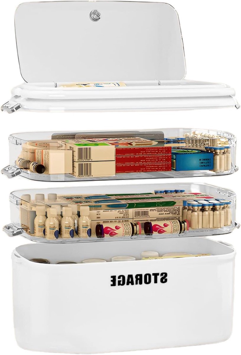 CSGoods - 4-Tier Opbergdoos voor Medicijnen met Grote Capaciteit en Handvatten - Familie EHBO-kit voor Thuis en Reizen - Wit