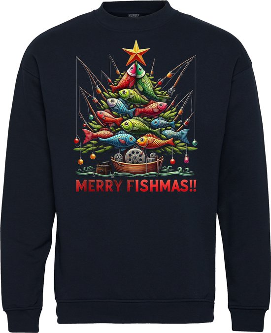 Pêche en pull de Noël Joyeux Noël des poissons | Noël de Noël | Pulls de Noël moches pour hommes et femmes | Pull de Noël | Marine | taille M