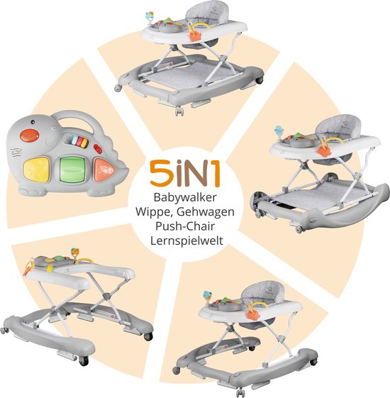 BRONEA® 5-in-1 Loopstoeltje voor baby's - Babywalker met schommelfunctie, muziek & licht - Afneembaar speelpaneel - Loopstoel in hoogte verstelbaar & inklapbaar - Grijs van BRONEA — afbeelding 5