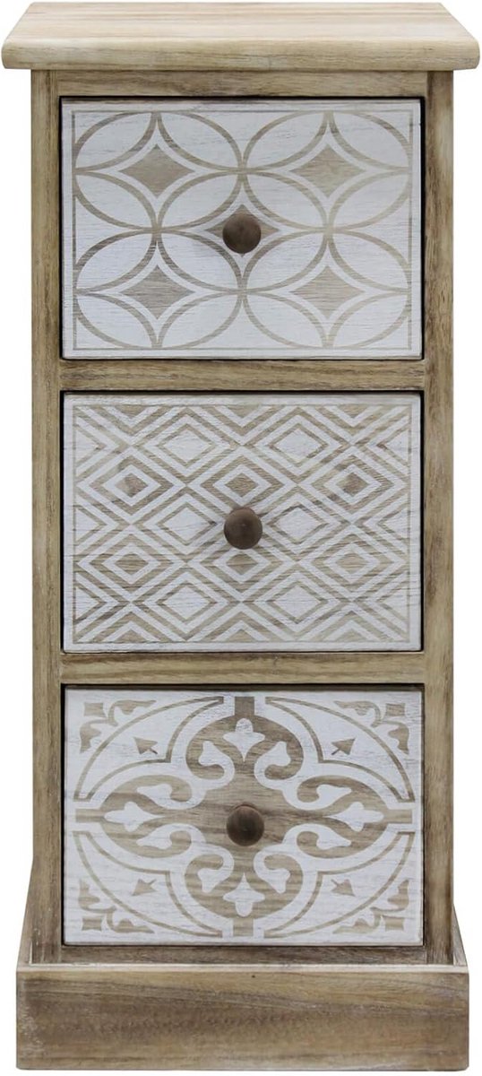 Smalle Ladekast met 3 Laden, Shabby Chic Nachtkastje Hout Beige Wit